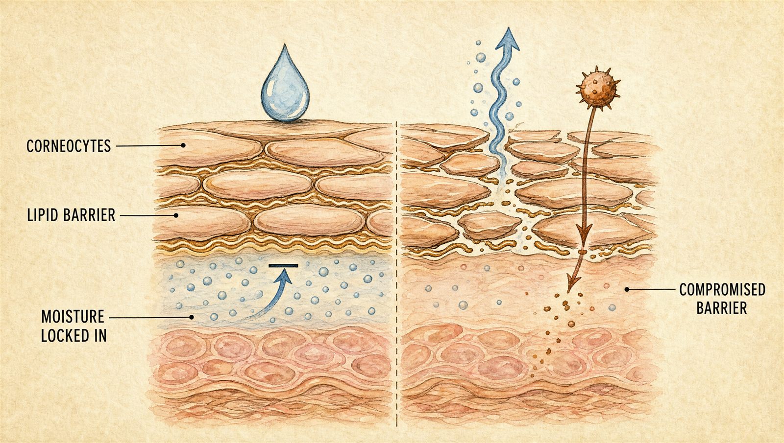 Diagram comparing an intact skin barrier that locks moisture in against a compromised barrier that lets moisture escape and irritants in