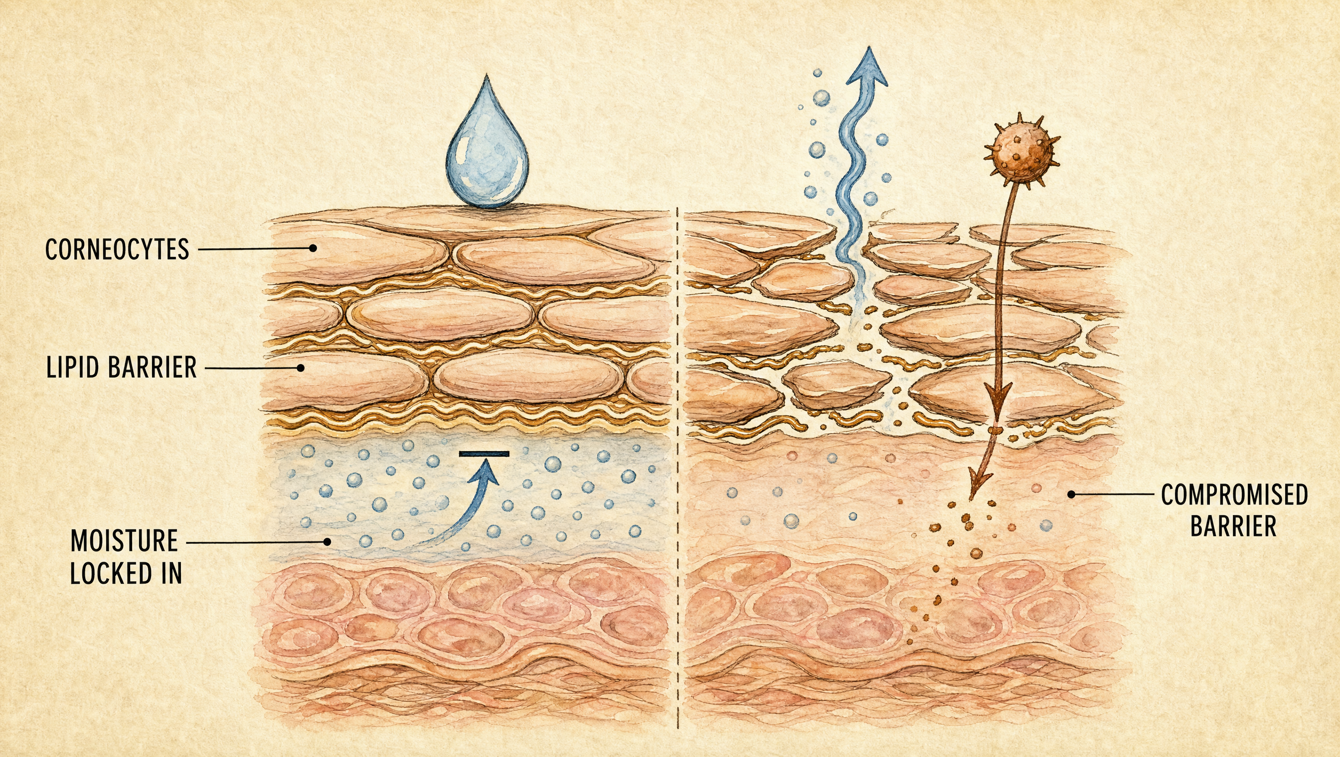 Diagram comparing an intact skin barrier that locks moisture in against a compromised barrier that lets moisture escape and irritants in