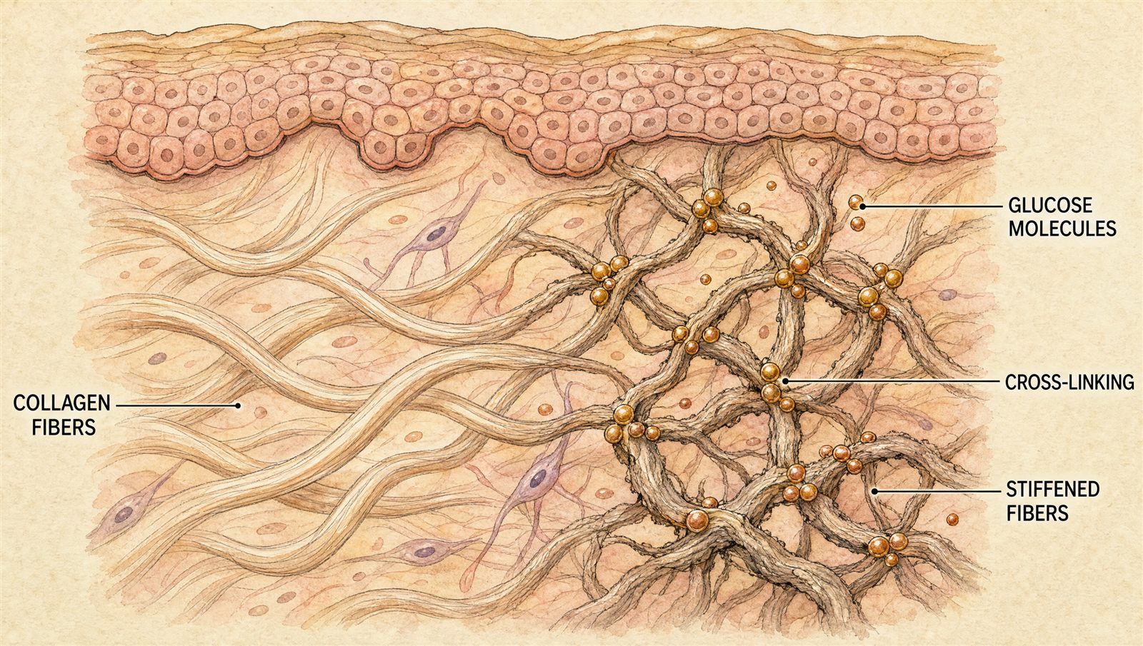 Diagram showing glucose molecules cross-linking collagen fibers and stiffening them, the glycation process