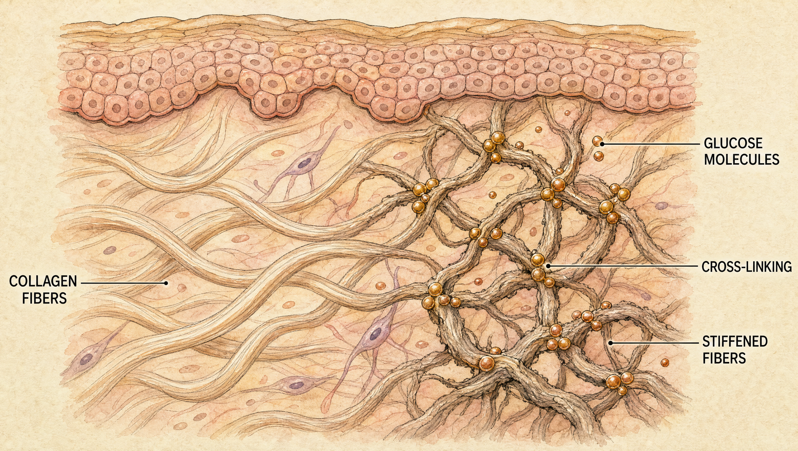Diagram showing glucose molecules cross-linking collagen fibers and stiffening them, the glycation process