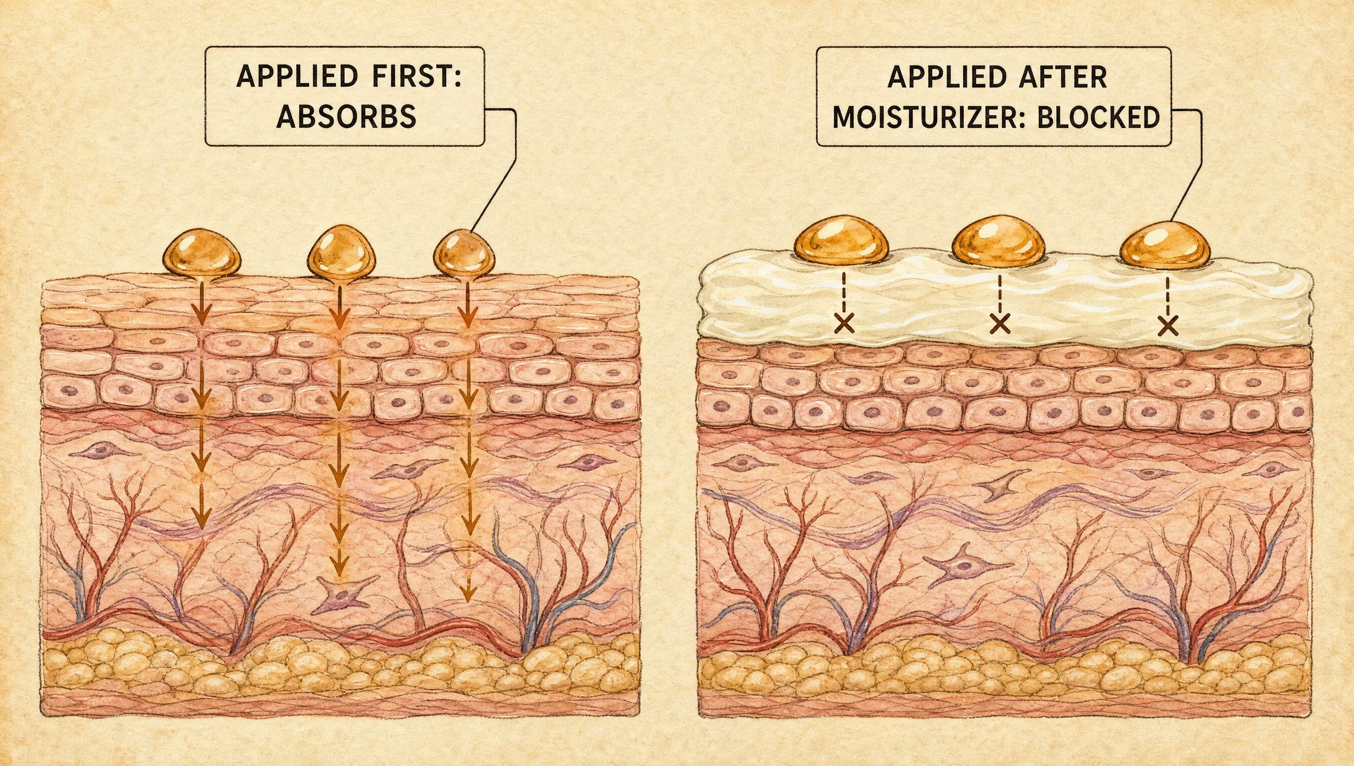 Diagram showing serum absorbing into skin when applied first, versus serum sitting blocked on top of moisturizer when applied after