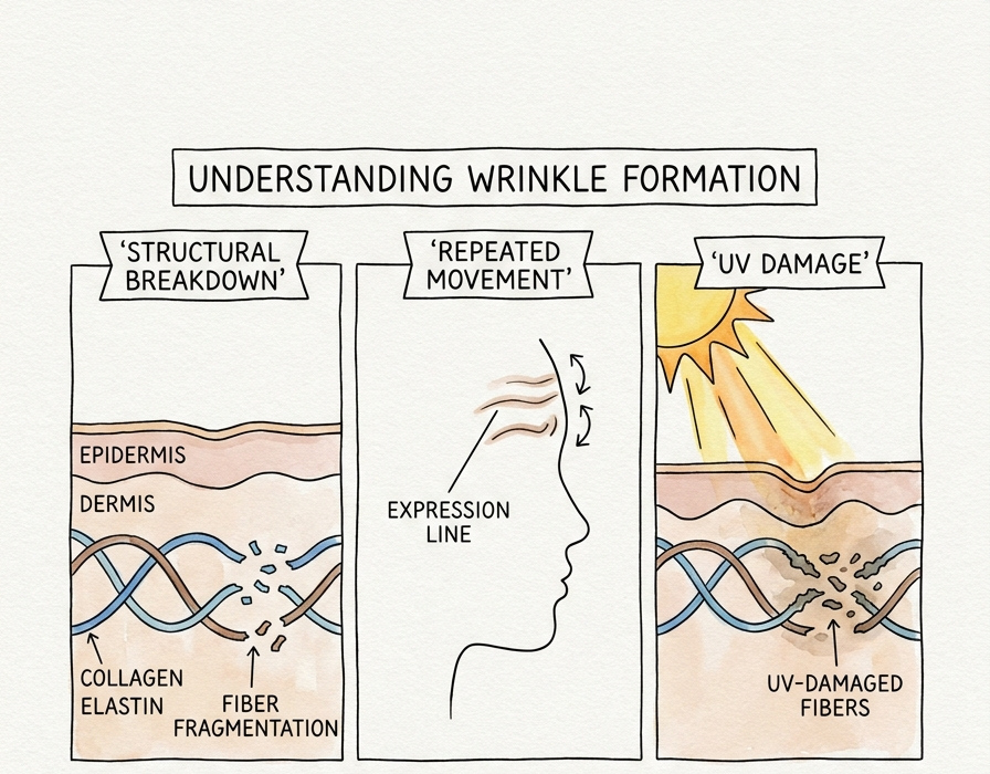 Diagram of the three causes of wrinkle formation: structural breakdown, repeated movement, and UV damage